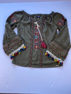 ITOO Women’s Green Geometric Embroidered Tassel Drawstring Puff Blouse Size M